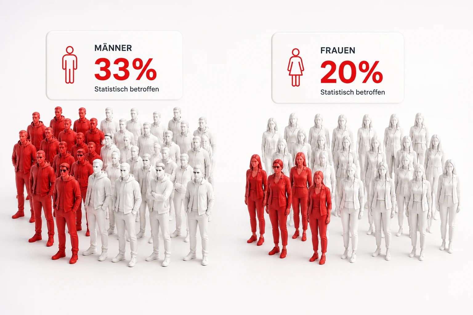 Statistische Darstellung: 33 % der Männer und 20 % der Frauen sind betroffen, visualisiert durch rote und weiße Figuren
