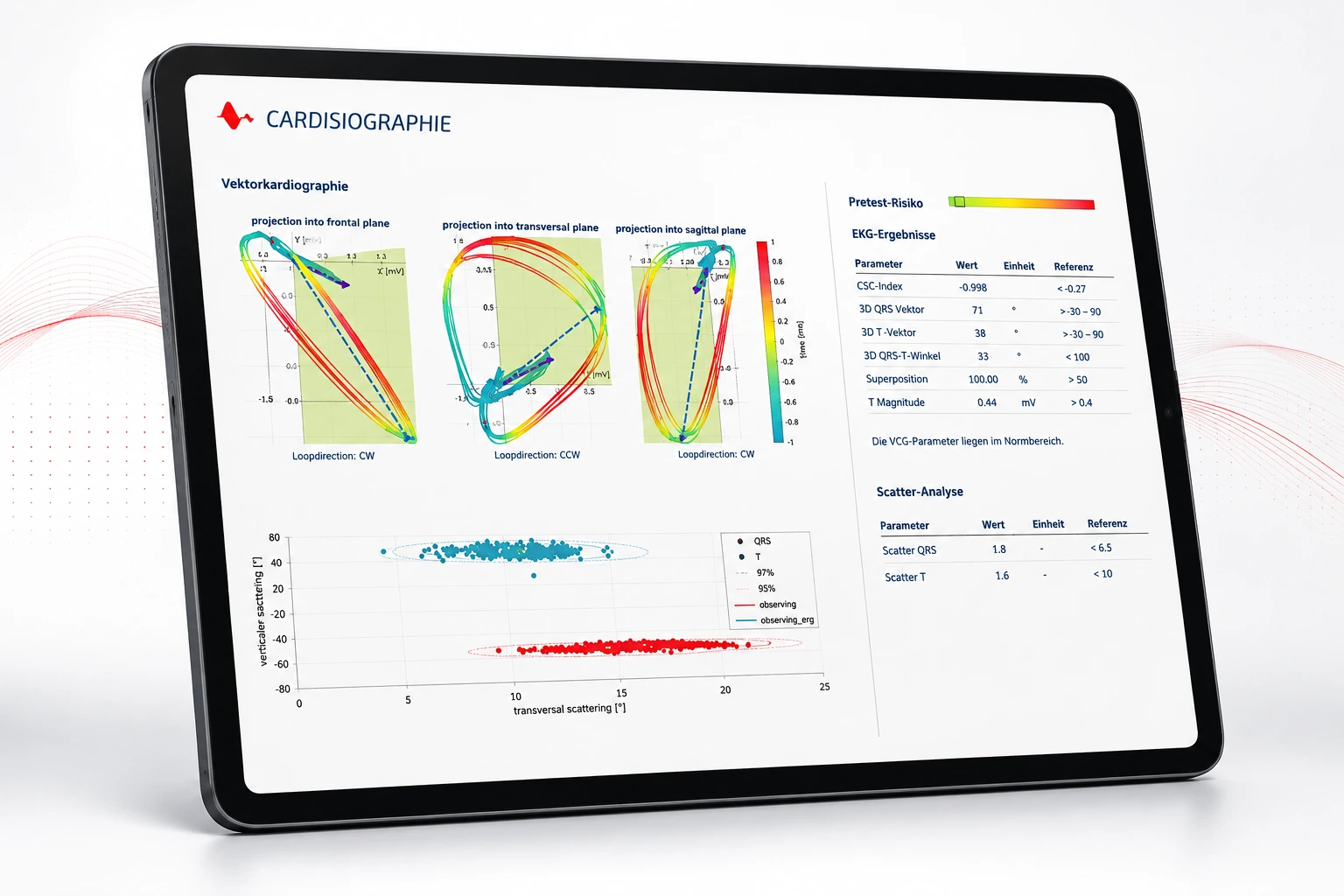 Tablet-Darstellung der CARDISIO-Analyse: Vektorkardiographie-Auswertung mit Diagnostikoberfläche